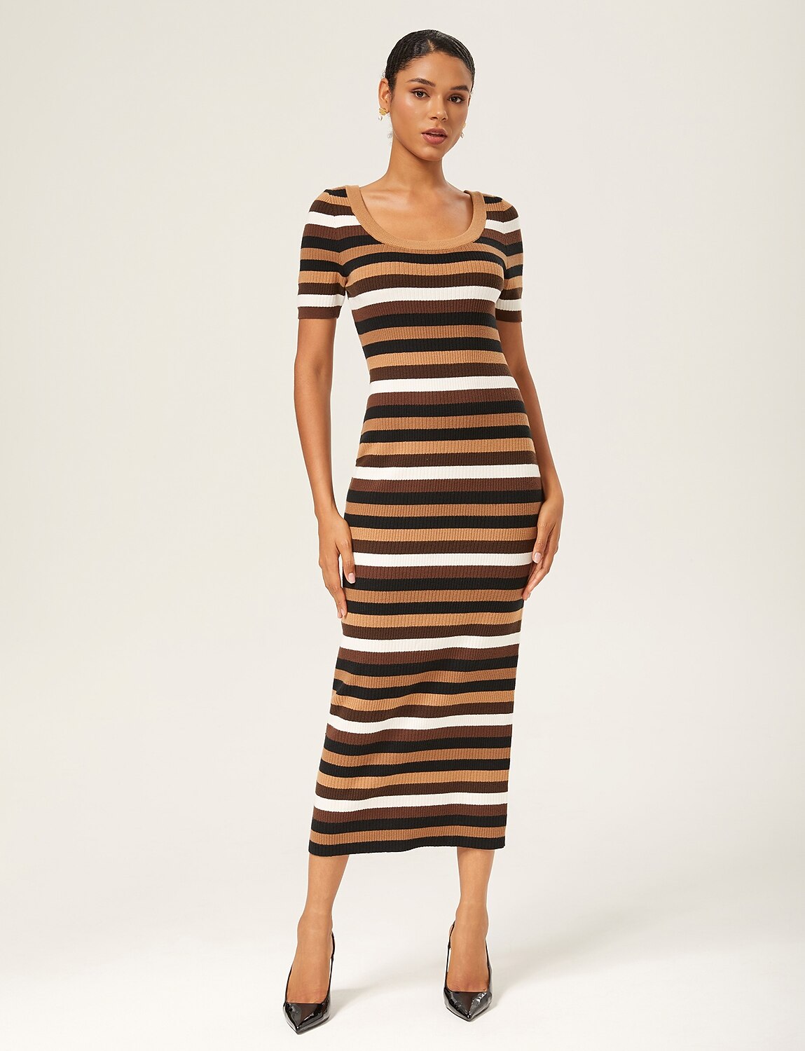 Coffee Striped Fitted Knit Maxi Dress