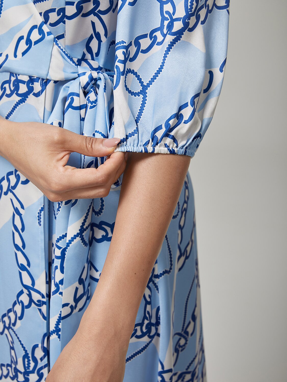 Chain Block Pattern Cross Tie Satin Maxi Dress