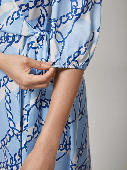 Chain Block Pattern Cross Tie Satin Maxi Dress