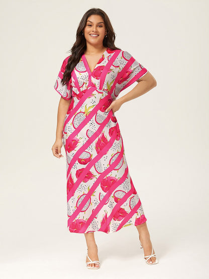 Satin Dragon Fruit Stripes Print Vacation Batwing Maxi Dress
