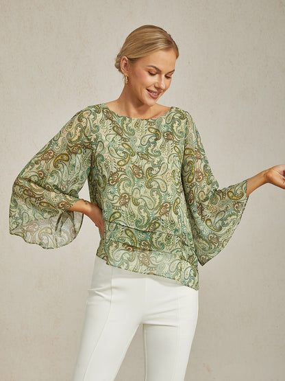 Blouse Green Paisley Floral Loose Fit Round Boat