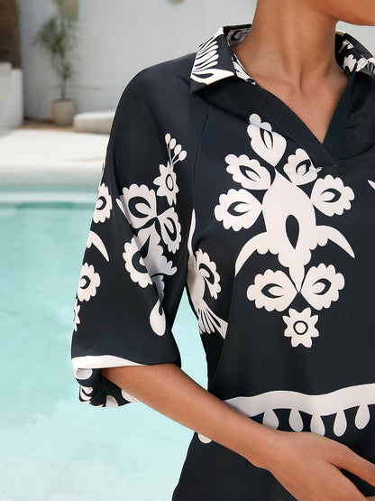 Top Satin Raglan Modern Lapel Black Print