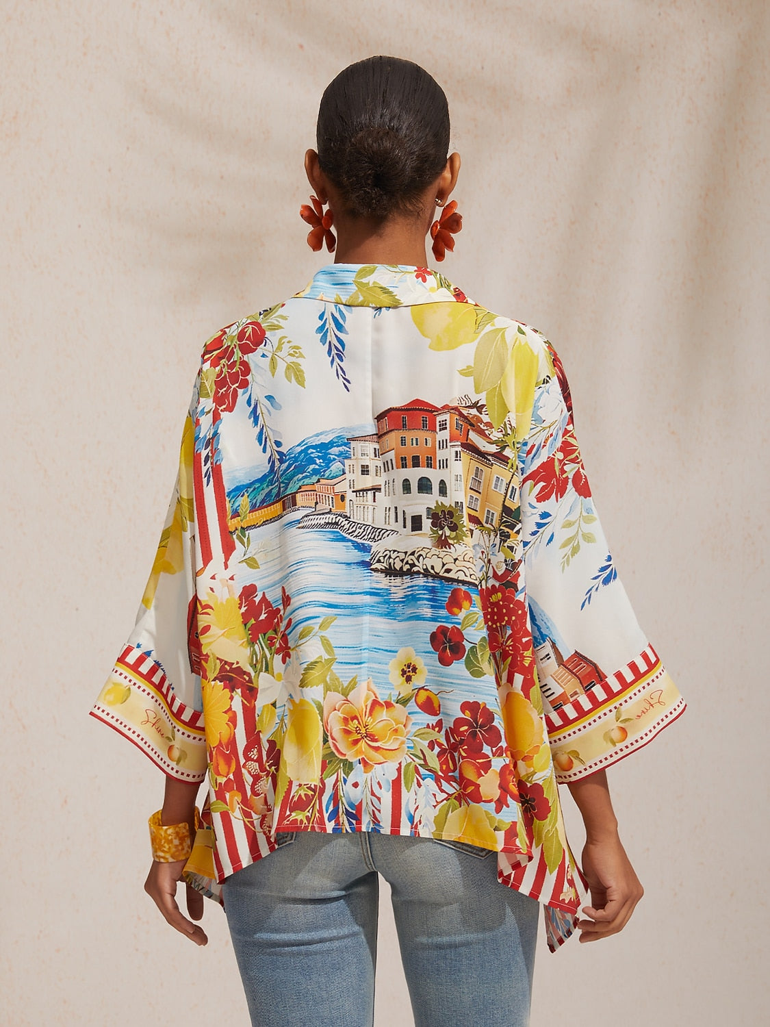 Vacation Scenic Floral Print Dolman Sleeve Chiffon Short Shirt