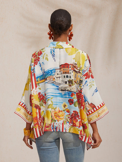 Vacation Scenic Floral Print Dolman Sleeve Chiffon Short Shirt
