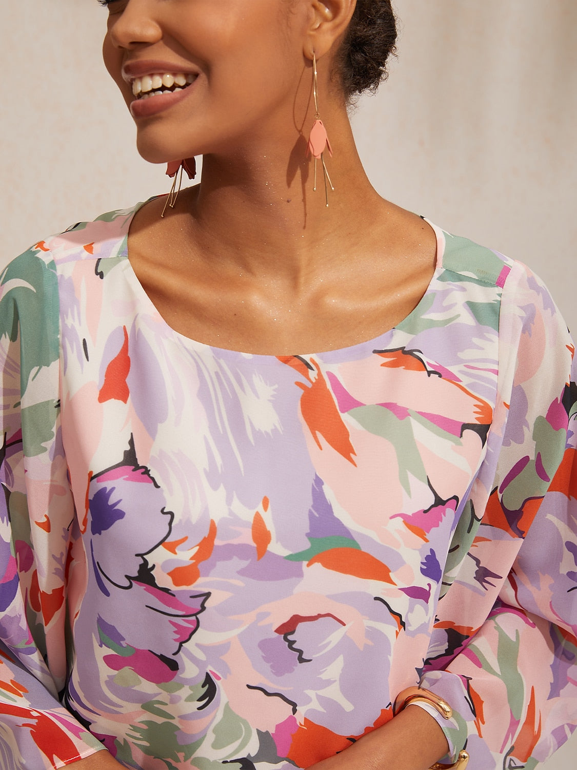 Vacation Abstract Floral Print Layered Design Chiffon Blouse