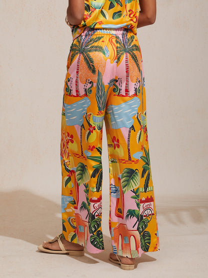 Vacation Beach Floral Print Straight Wide leg Pants