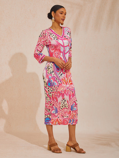 Abstract Leopard Paisley Print High Stretch Knit Maxi Dress