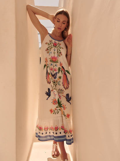 White-Toned Cotton Like Beach Vacation Floral Print Dress