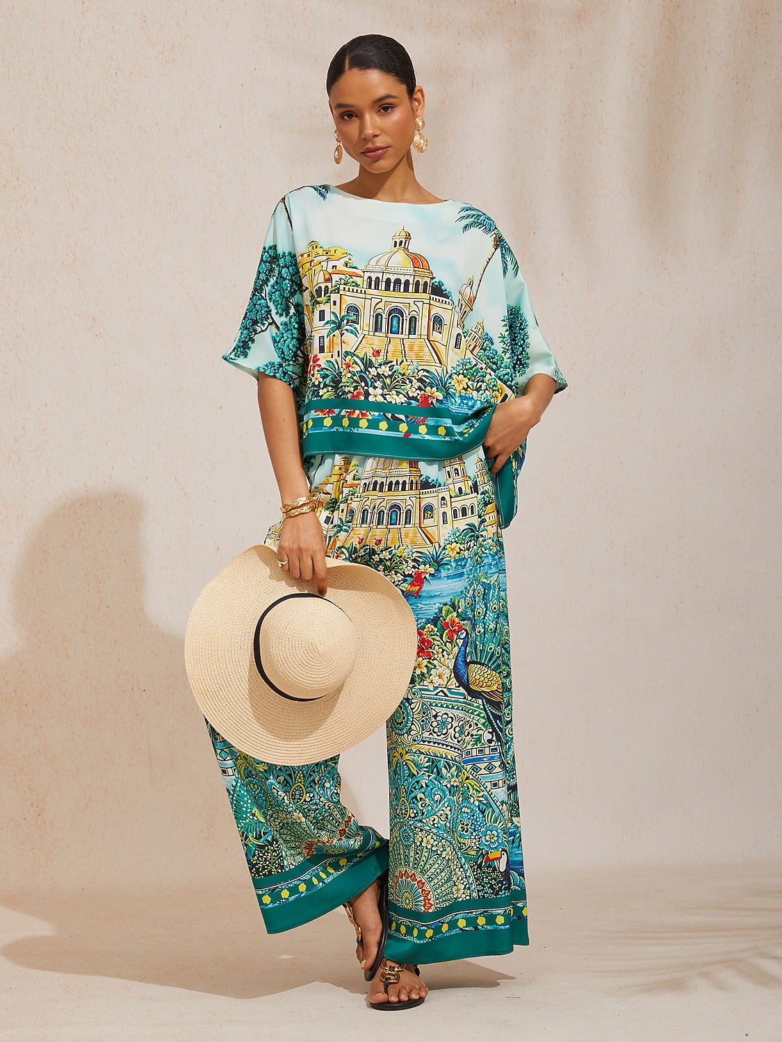 Summer Night Palm Silky Satin Dolman Sleeve Top