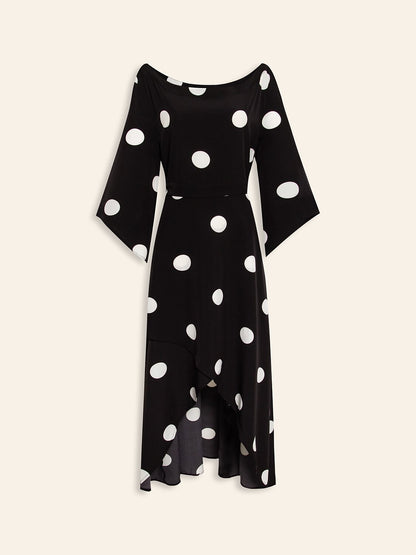 Black Polka Dot Print Asymetric Hem Off-Shoulder Dress