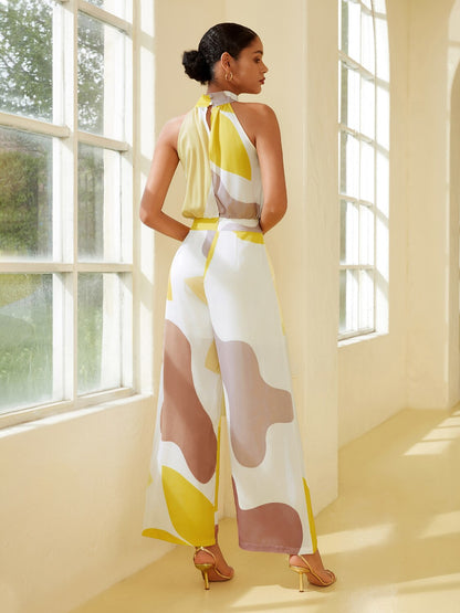 Satin Abstract Pattern Print Twist Jumpsuit