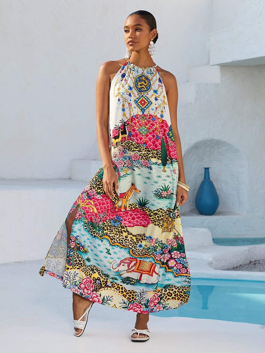 Vacation Vintage Patchwork Motif Sleeveless Drawstring Satin Maxi Dress