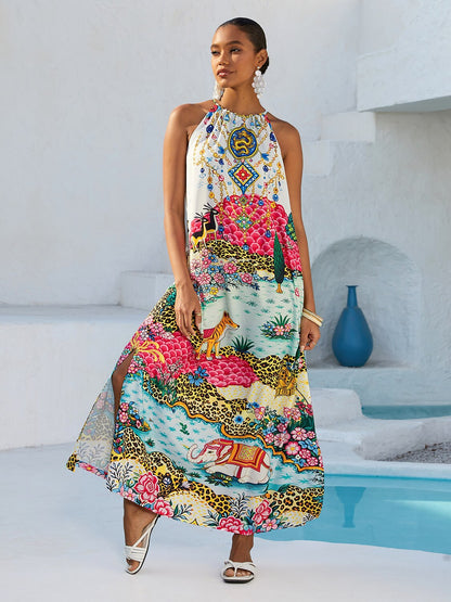 Vacation Vintage Patchwork Motif Sleeveless Drawstring Satin Maxi Dress