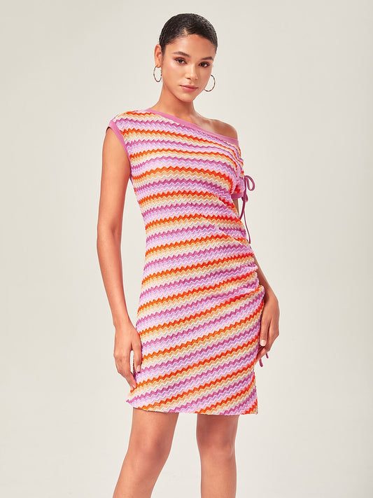 Orange Knitted Stretch Ruched Mini Dress