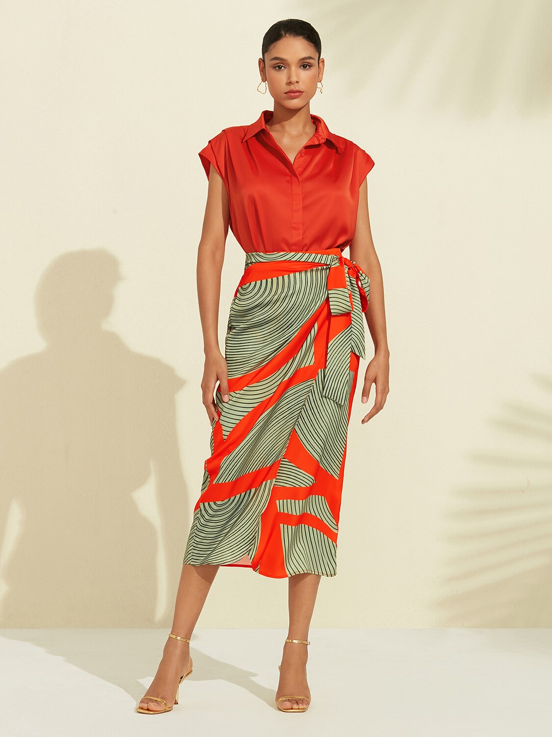 Satin Geometric Print Green Daily Casual Midi Skirt