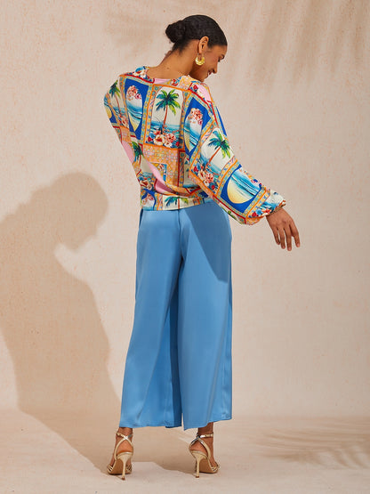 Vacation Elastic Waist Satin Wide Leg Pants
