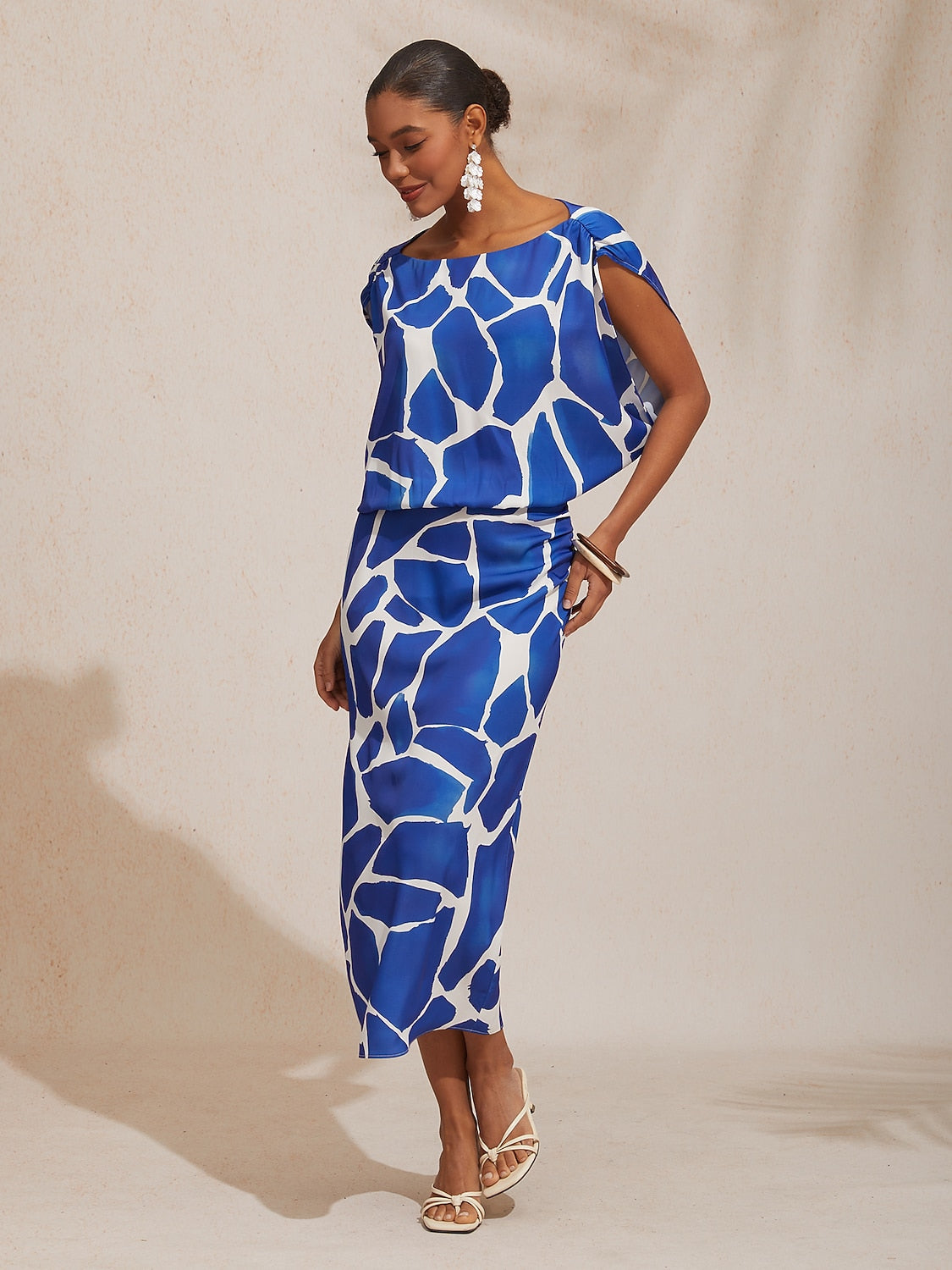 Vacation Geometric Color Block Print Fitted Satin Maxi Dress