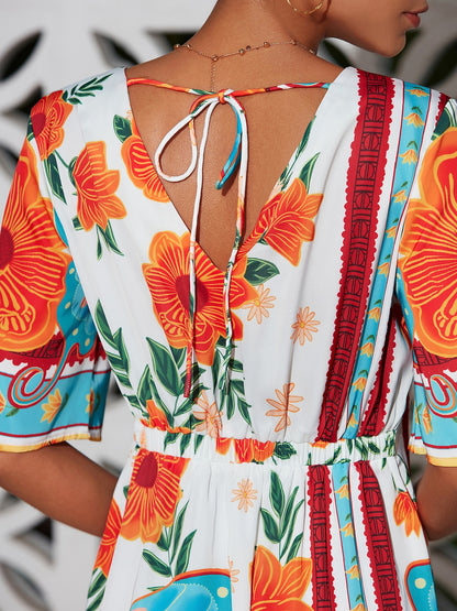Floral Print Mini Dress Orange Flower Pattern