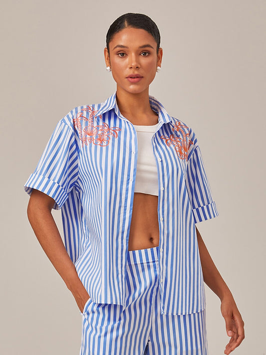 Summer Striped Embroidered Oversized Shirt