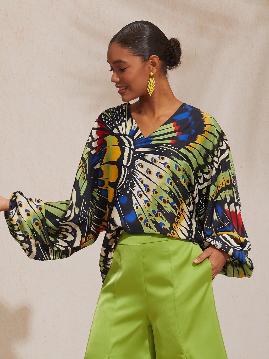 Vacation Butterfly Print Dolman Sleeve Satin Top