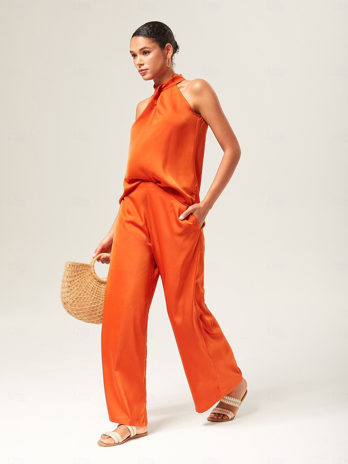 Satin Orange Stand Collar Wide Leg Pants Set