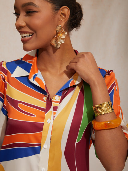 Vacation Geometric Color Block Pattern Straight Satin Shirt Dress