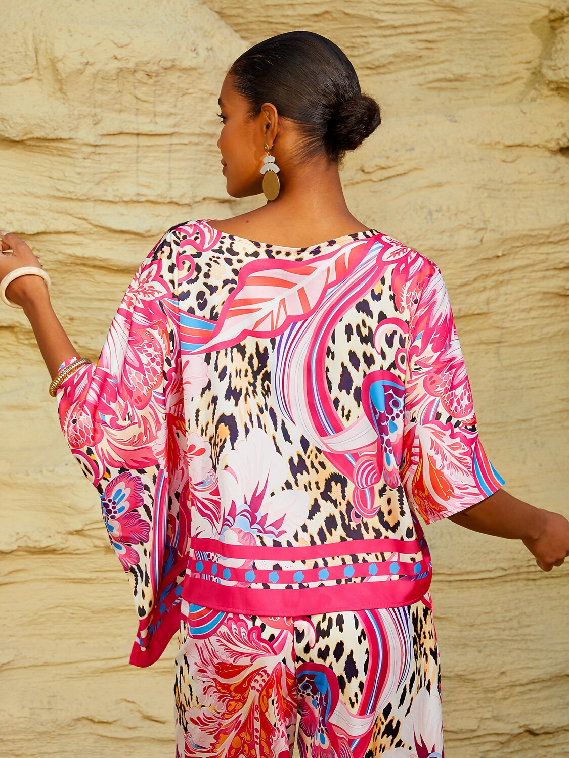 Summer Night Palm Silky Satin Dolman Sleeve Top