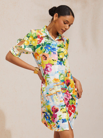 Vacation Scenic Floral Print Straight Satin Shirt Dress