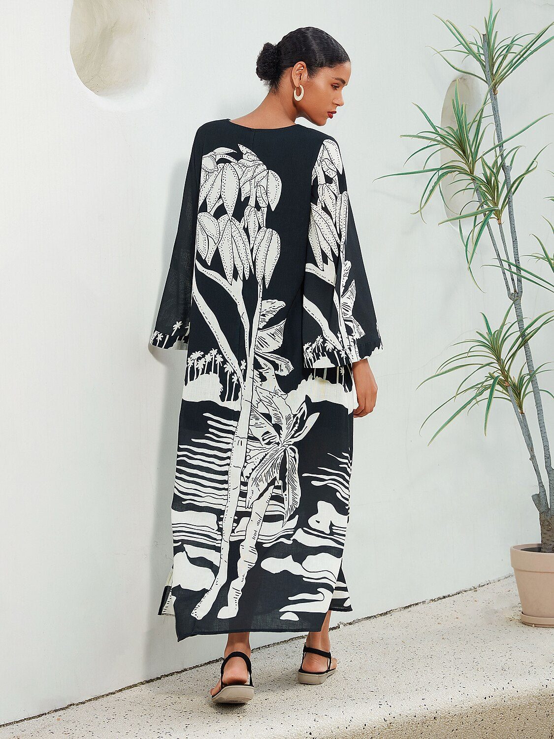 Linen Like Vacation Botanical Print V-Neck Maxi Dress