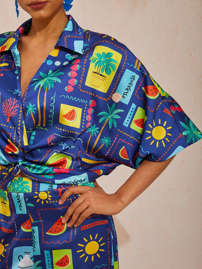 Vacation Geometric Tropical Print Dolman Sleeve Satin Short Shirt