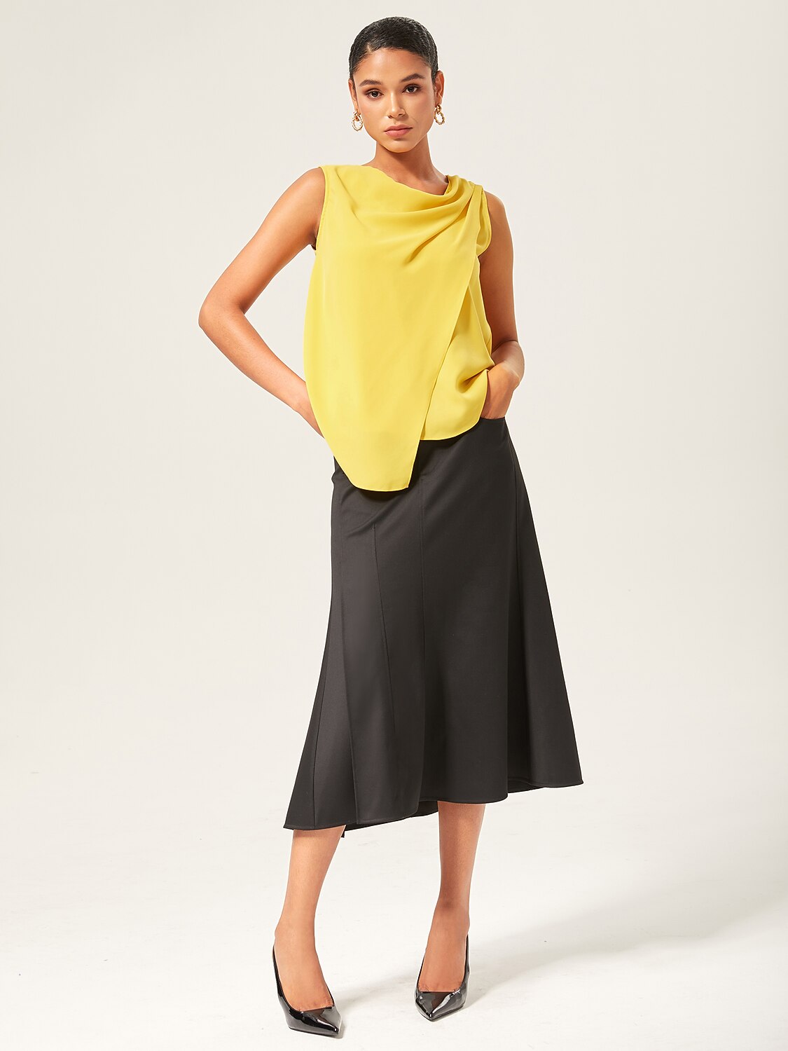 Light Yellow Cowl Neck Sleeveless Blouse