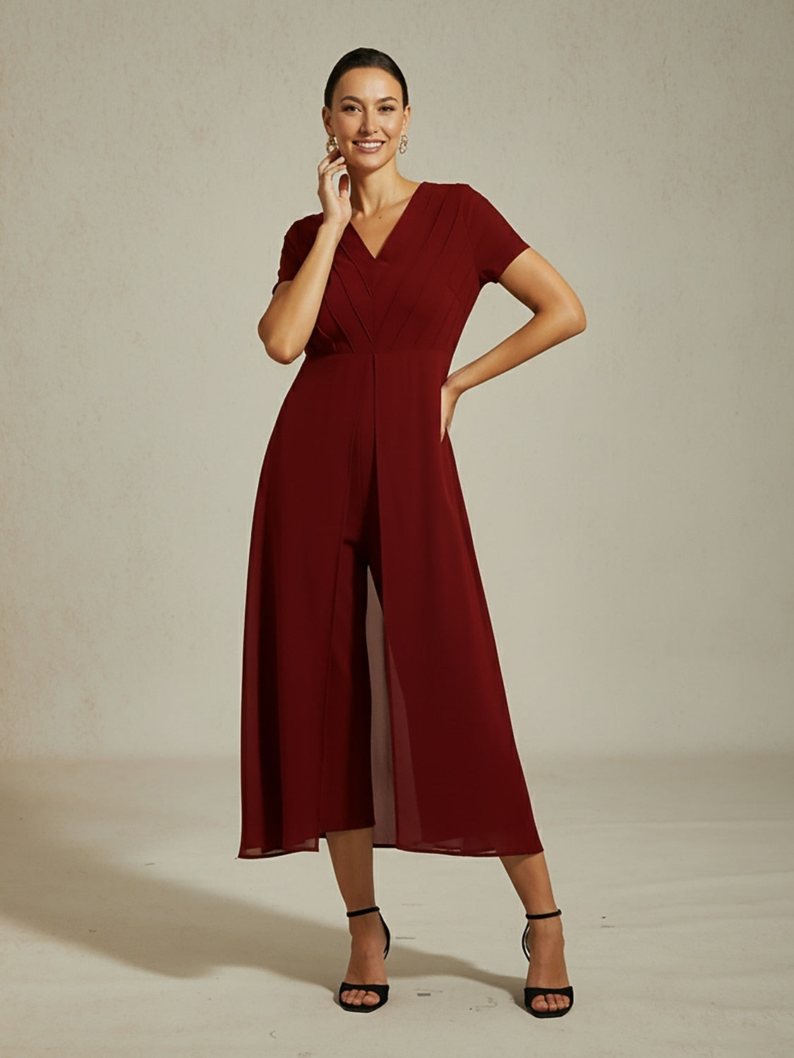 Paneled Design Faux Flowy Sheer Stretch Fabric Jumpsuit