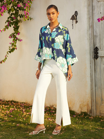 Vacation Green Floral High Low Chiffon Short Shirt