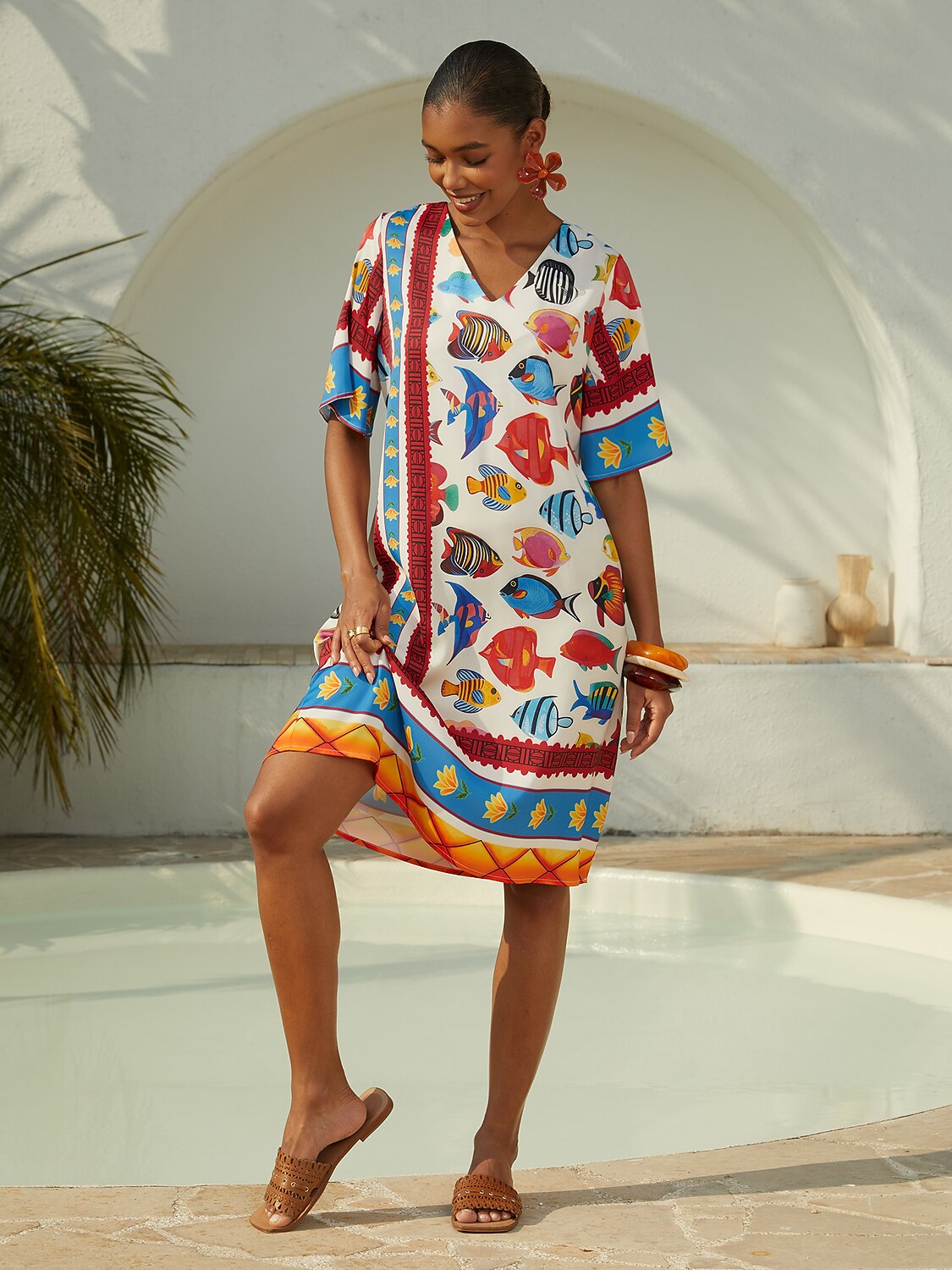 Vacation Ocean Elements Shirred Satin Mini Dress