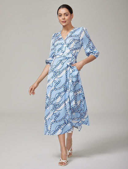 Chain Block Pattern Cross Tie Satin Maxi Dress