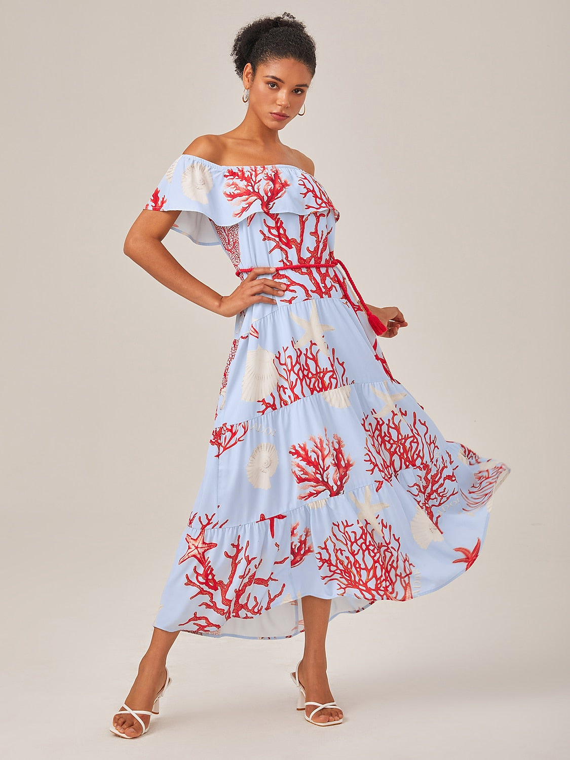 Elegant Chiffon Ocean-Inspired Print Vacation Dress