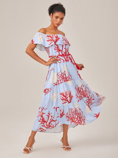 Elegant Chiffon Ocean-Inspired Print Vacation Dress