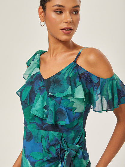 Chiffon Floral Print Ruffled Tie-Front Midi Dress
