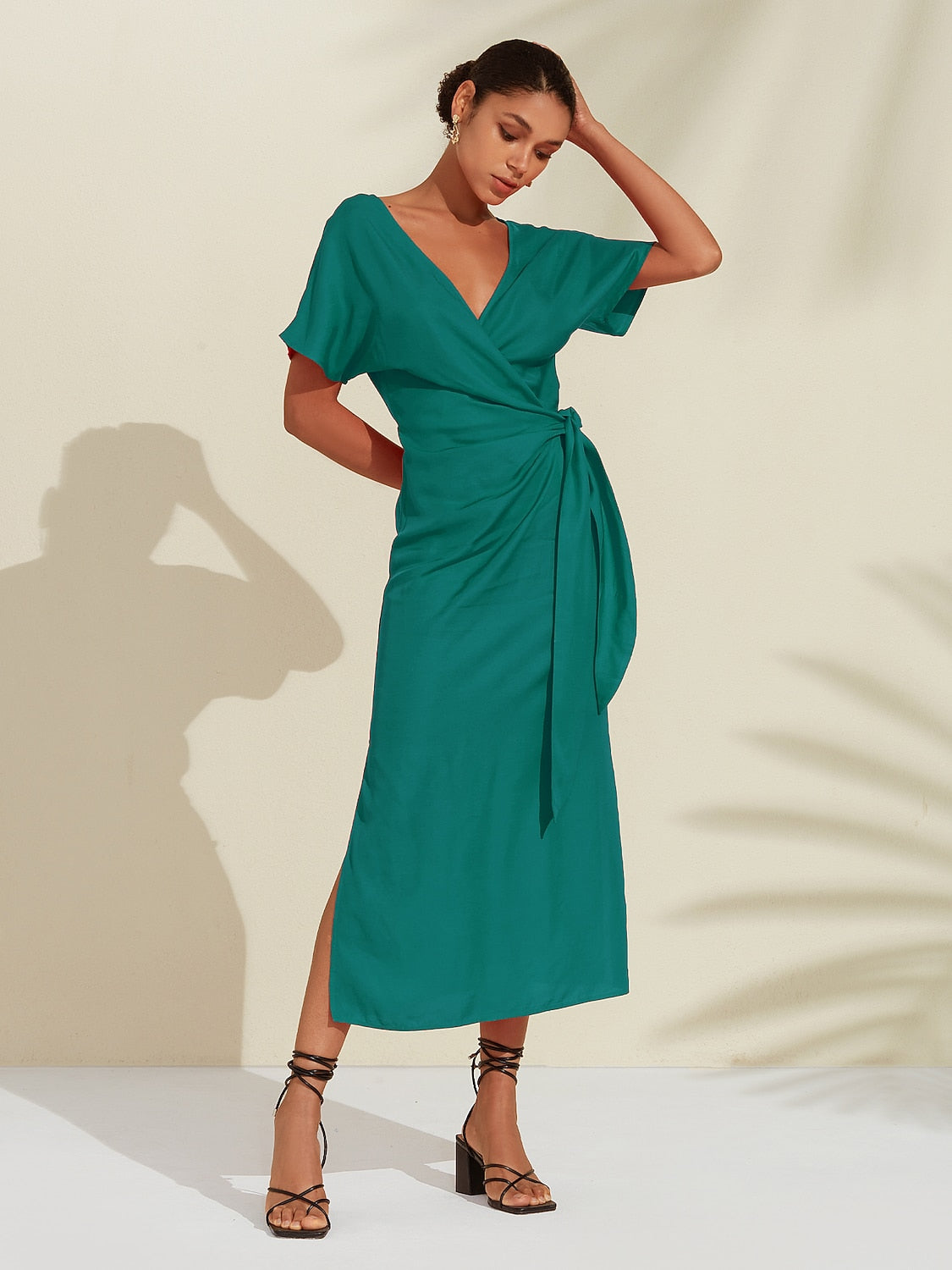 Tencel Linen Orange Red  Shirred Wrap Midi Dress
