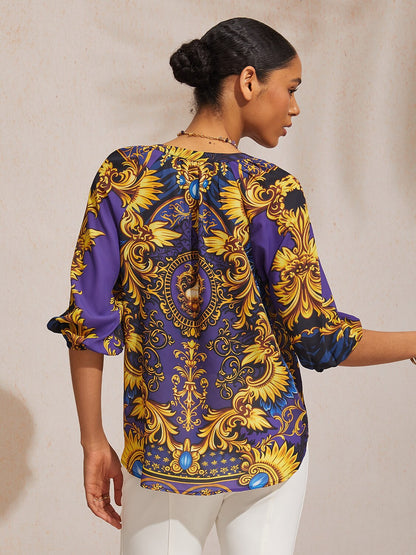 Midnight Blue Baroque Chiffon Three Quarter Sleeve Top