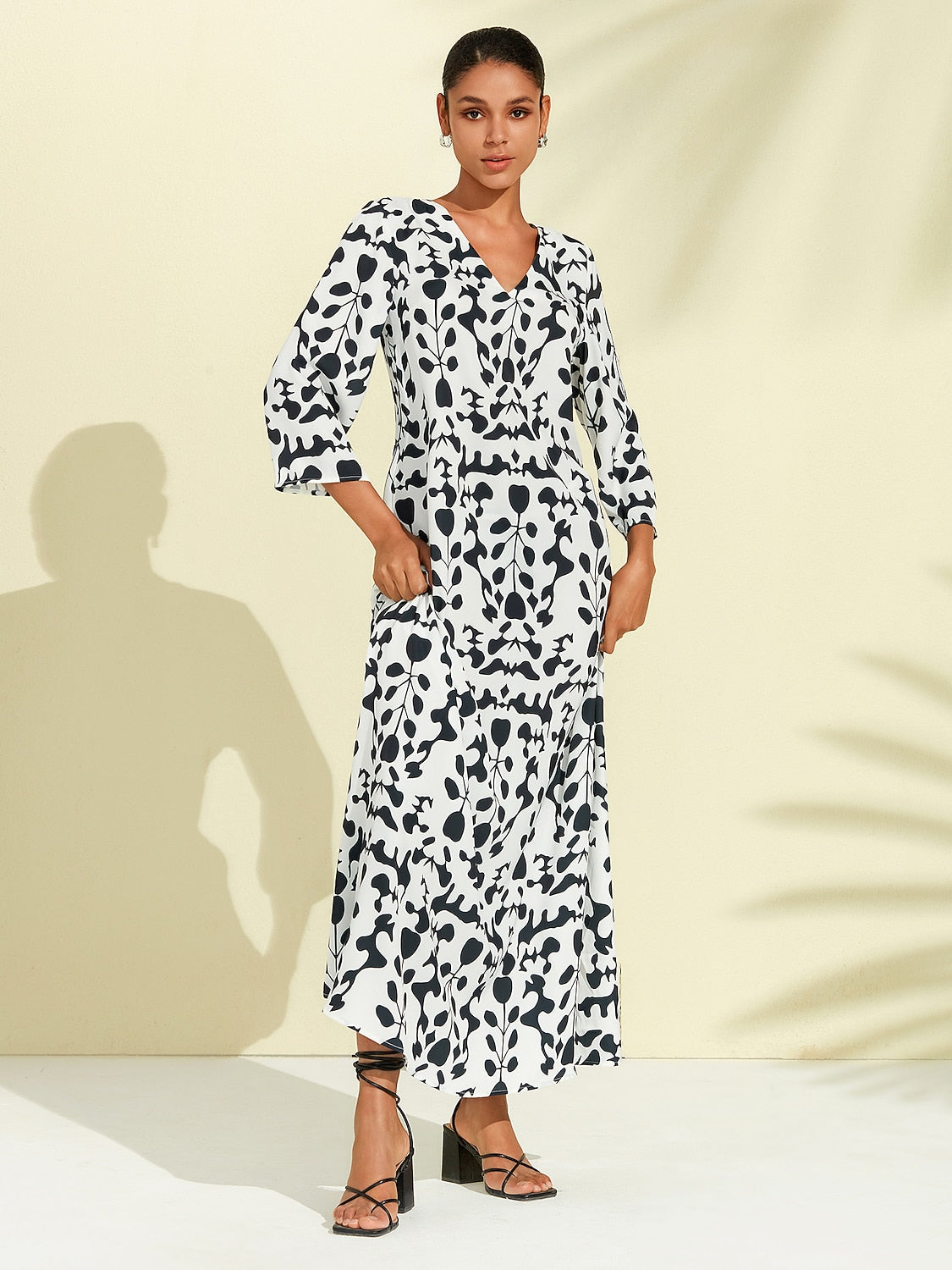 Satin Floral Geometric Pattern Vacation Maxi Dress
