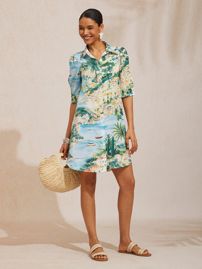 Vacation Scenic Floral Print Straight Satin Shirt Dress