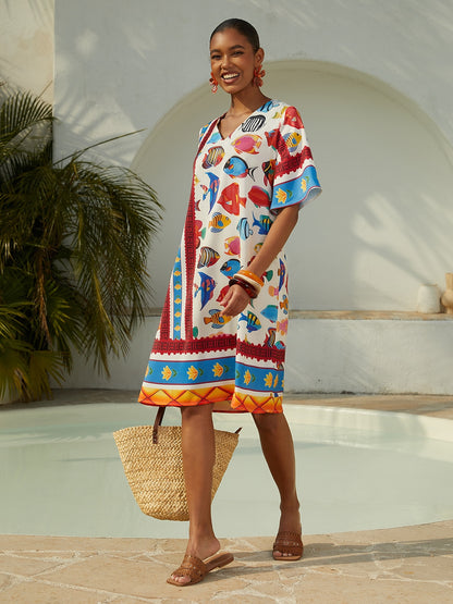 Vacation Ocean Elements Shirred Satin Mini Dress