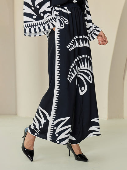 Wide Leg Pants Black Satin Full Length Printing