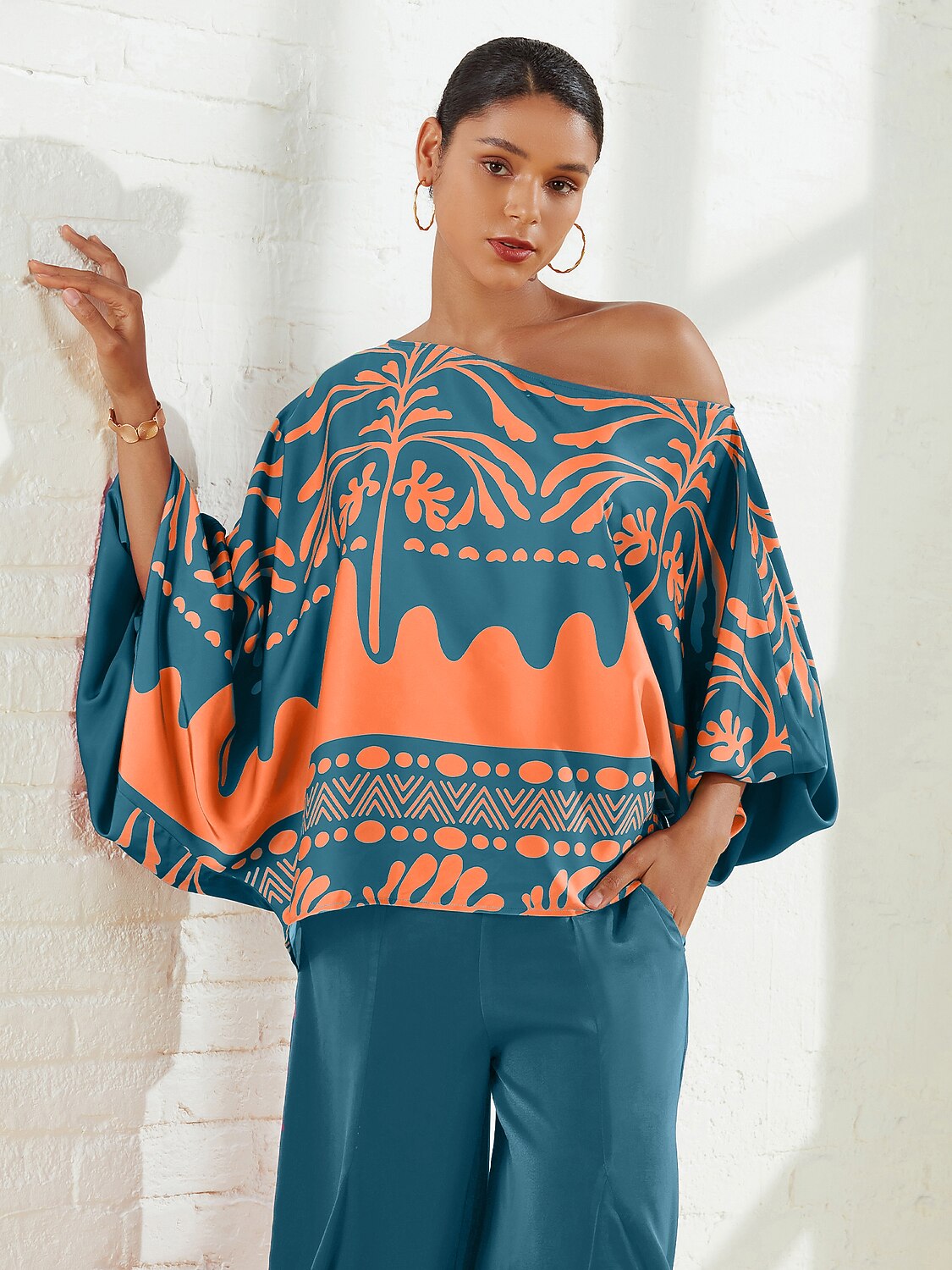 Satin Geometrical Floral Print Puff Sleeves Vacation Shirt