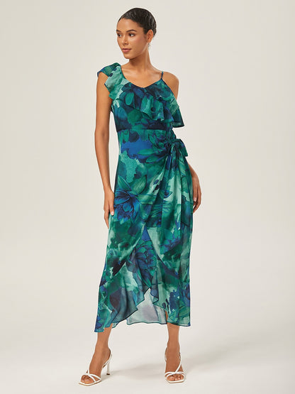 Chiffon Floral Print Ruffled Tie-Front Midi Dress