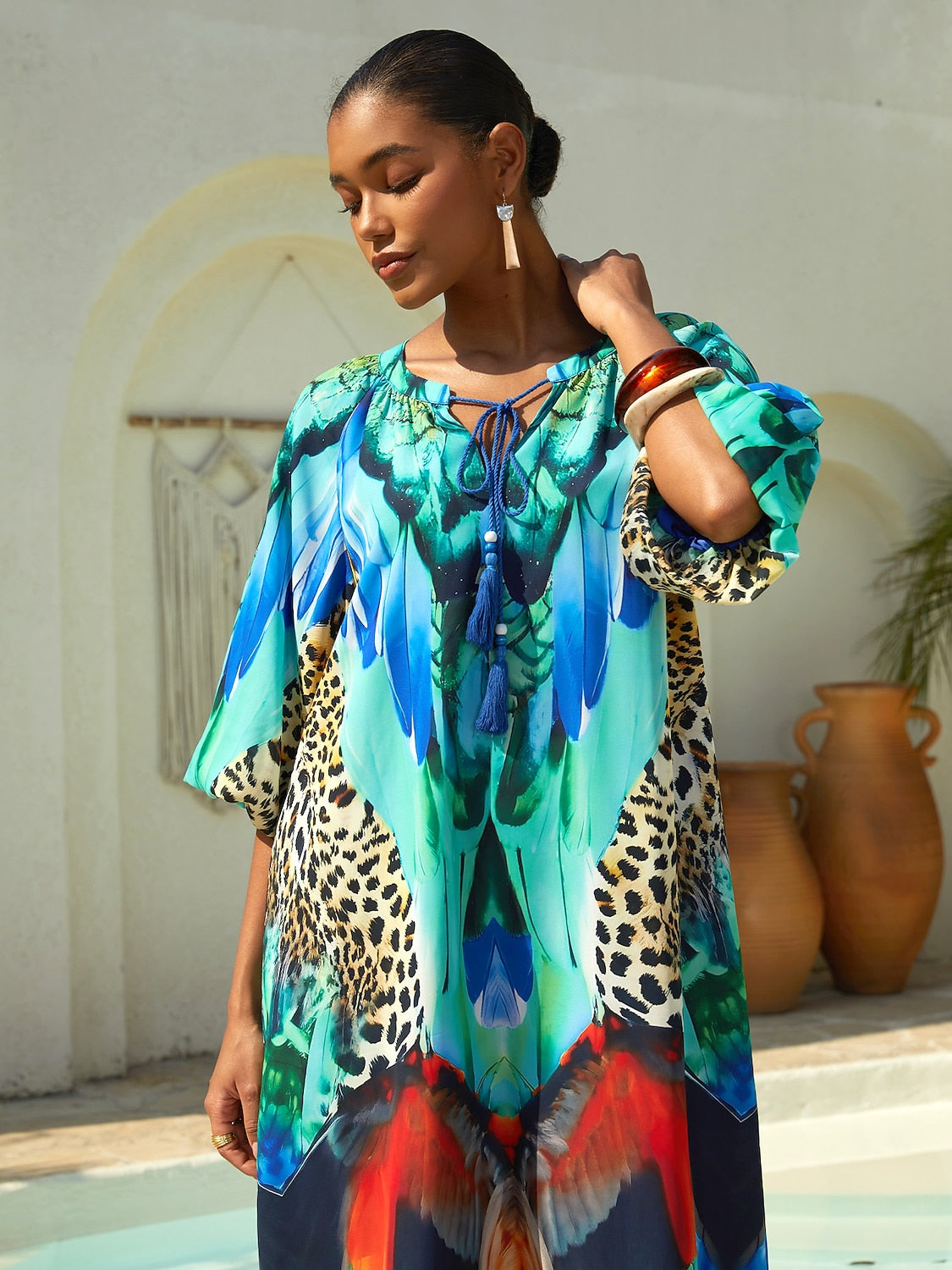 Vacation Leopard Feather Motif Straight Fit Chiffon Maxi Dress