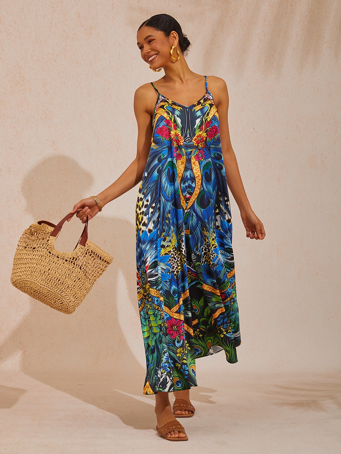 Vacation Jungle Feather Print Satin Cami Jumpsuit