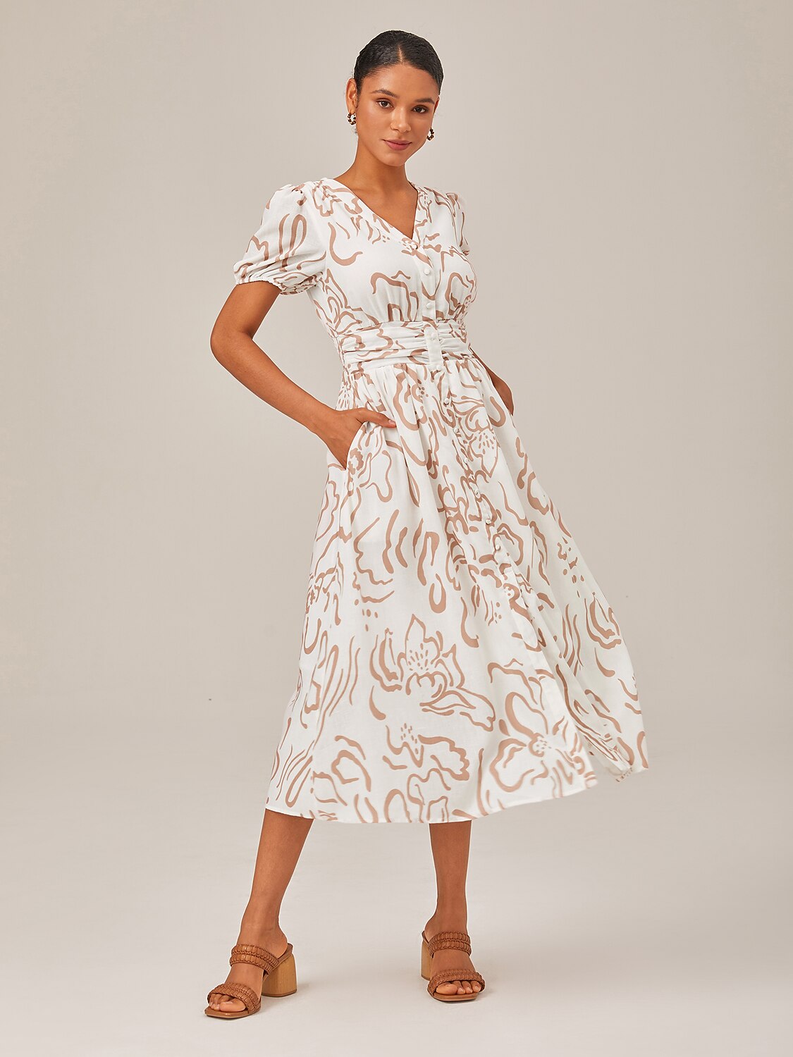 Abstract Art Print Linen-Like Waist-Cinching Maxi Dress