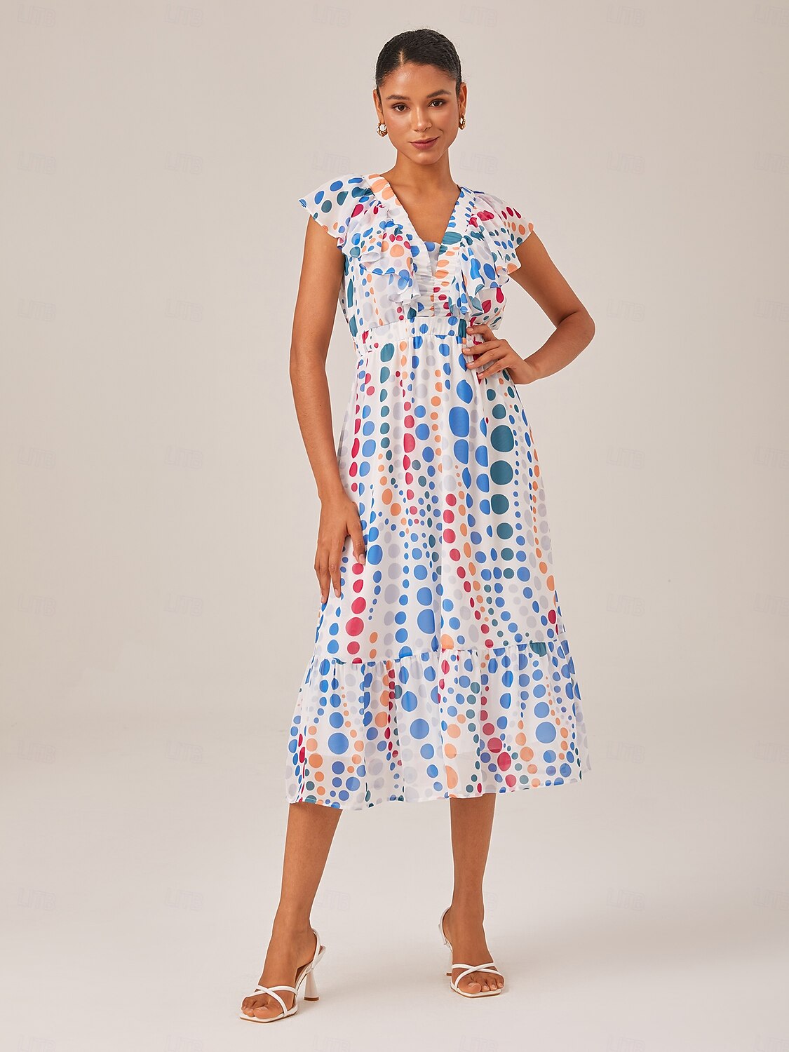 Colorful Polka Dot Chiffon Ruffled Waisted Dress